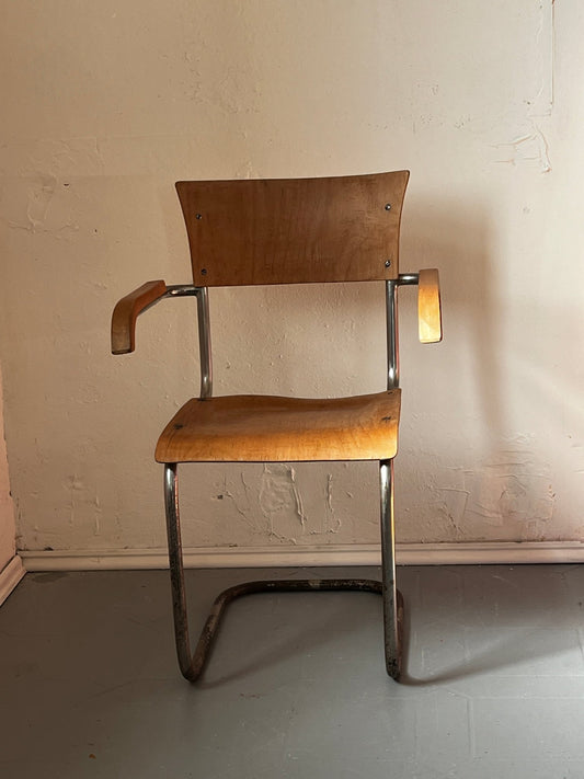 Mart Stam S 43 F Sessel Freischinger Gottwald Wien Stahlrohr Holz braun - vintseekers