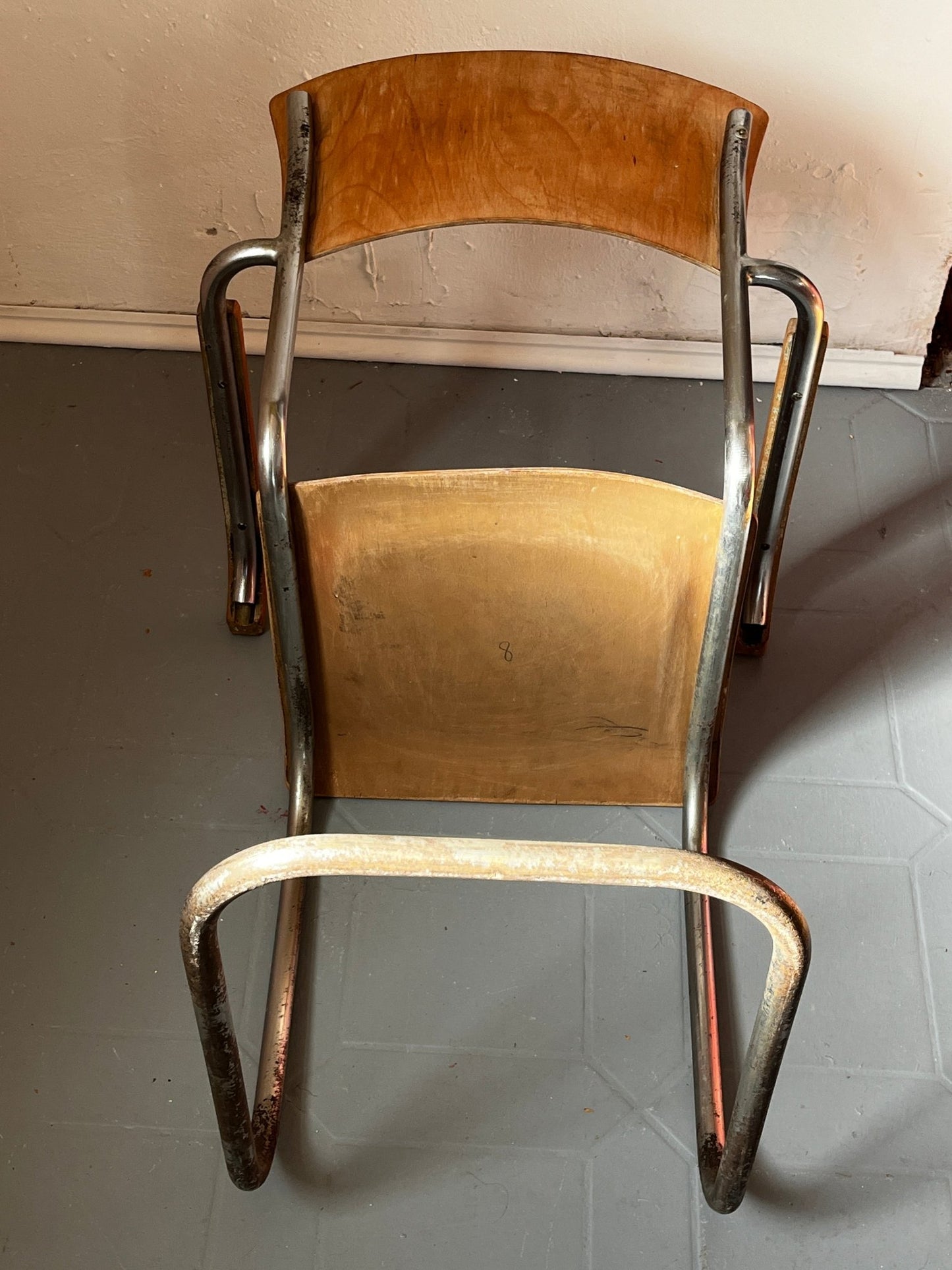 Mart Stam S 43 F Sessel Freischinger Gottwald Wien Stahlrohr Holz braun - vintseekers